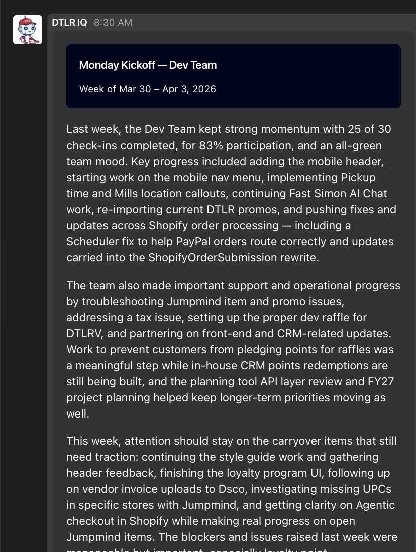 <strong>Team Coordinator Agent — Detail View:</strong> Extended weekly recap showing blockers, cross-team dependencies, and carryover items. The agent identifies what needs traction this week and flags issues like loyalty point discrepancies.